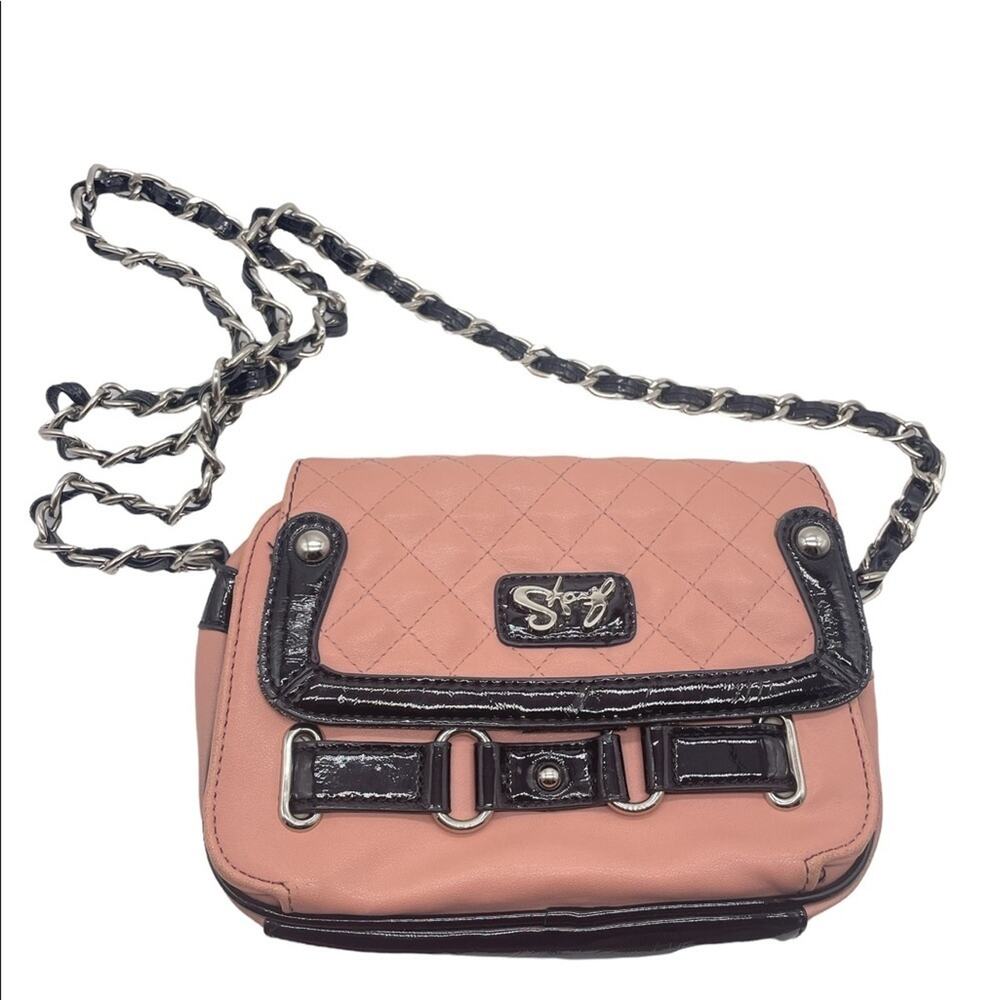 Sharif Light Pink Quilted Crossbody Bag Purse Black Patent Leather Chain Strap